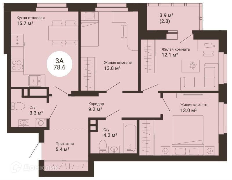 Продаётся 3-комнатная квартира, 78.6 м²