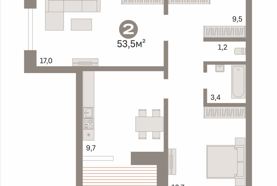 Продаётся 2-комнатная квартира, 53.5 м²