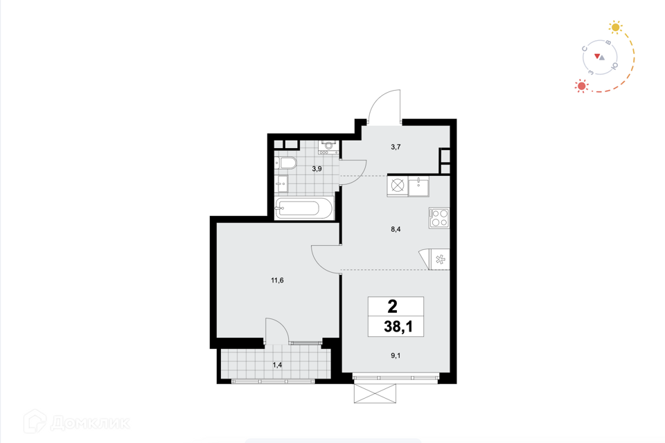 Продаётся 2-комнатная квартира, 38.1 м²