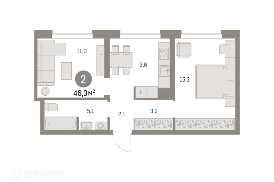 Продаётся 2-комнатная квартира, 46.27 м²