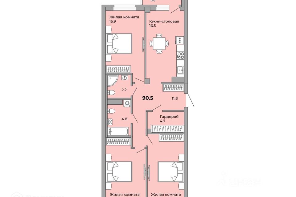 Продаётся 3-комнатная квартира, 89.3 м²