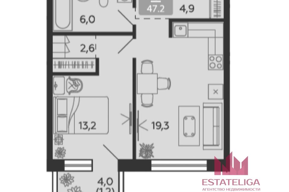 Продаётся 1-комнатная квартира, 47.2 м²