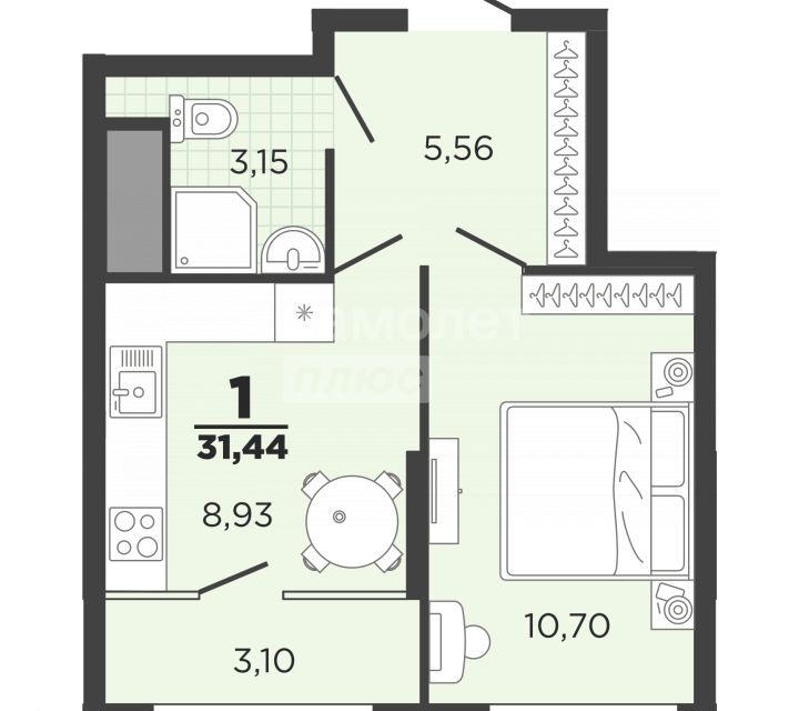 Продаётся 1-комнатная квартира, 31.44 м²