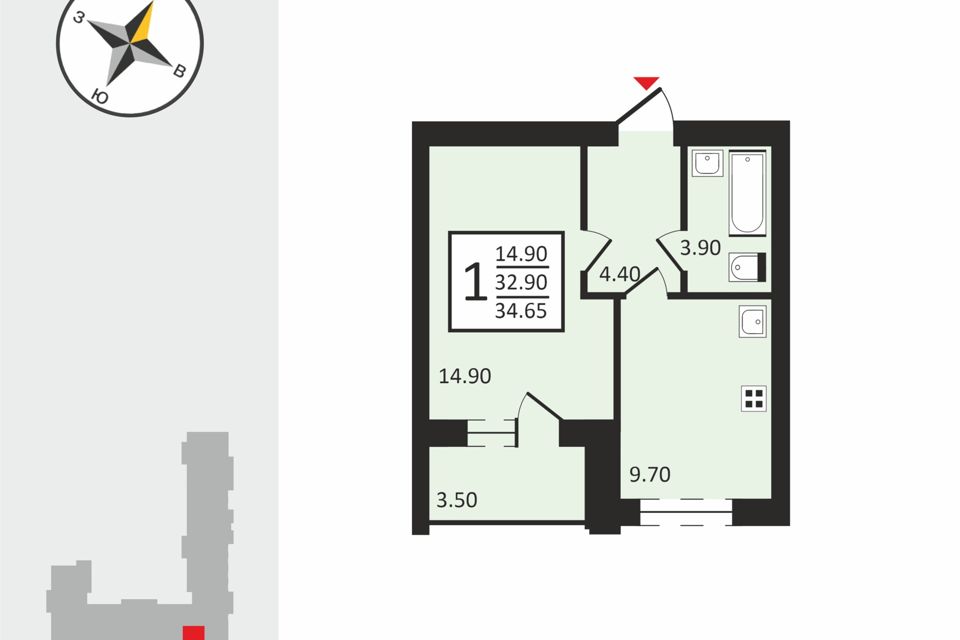 Продаётся 1-комнатная квартира, 34.65 м²