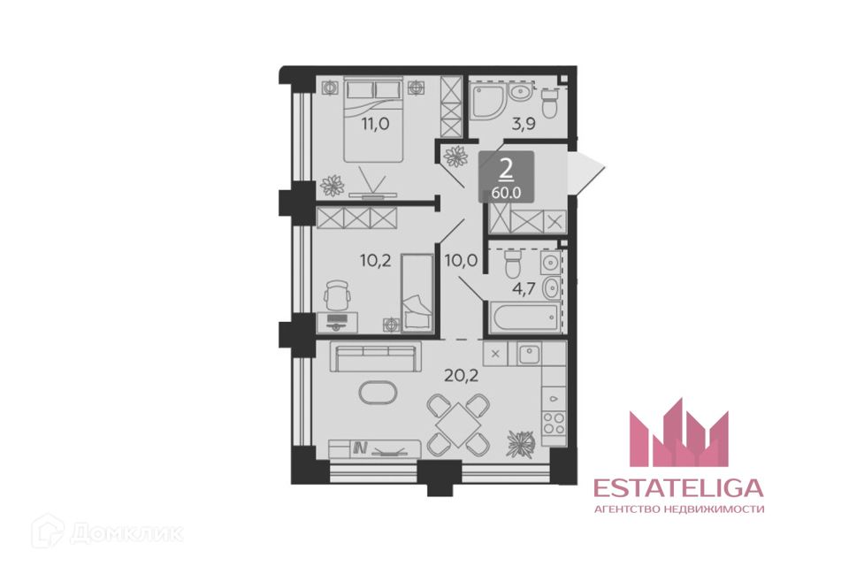 Продаётся 2-комнатная квартира, 60 м²