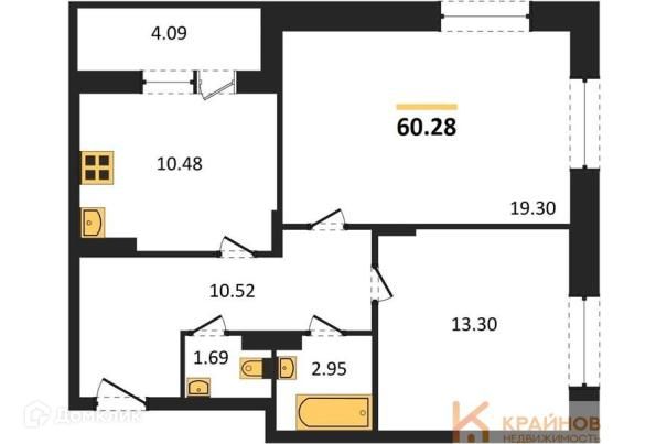 Продаётся 2-комнатная квартира, 60.28 м²