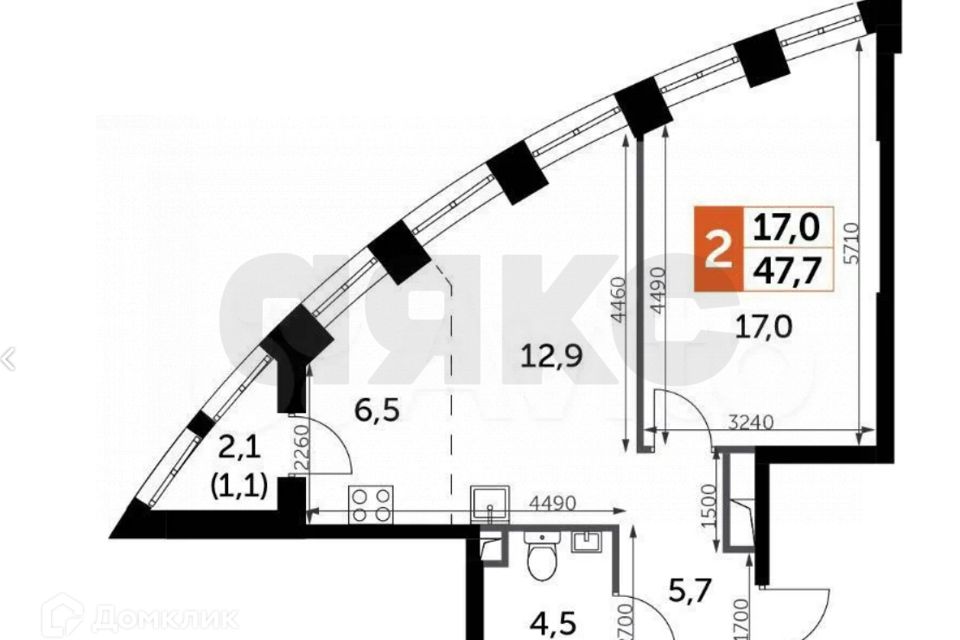 Продаётся 2-комнатная квартира, 47.7 м²