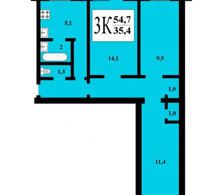 Продаётся 3-комнатная квартира, 54.1 м²
