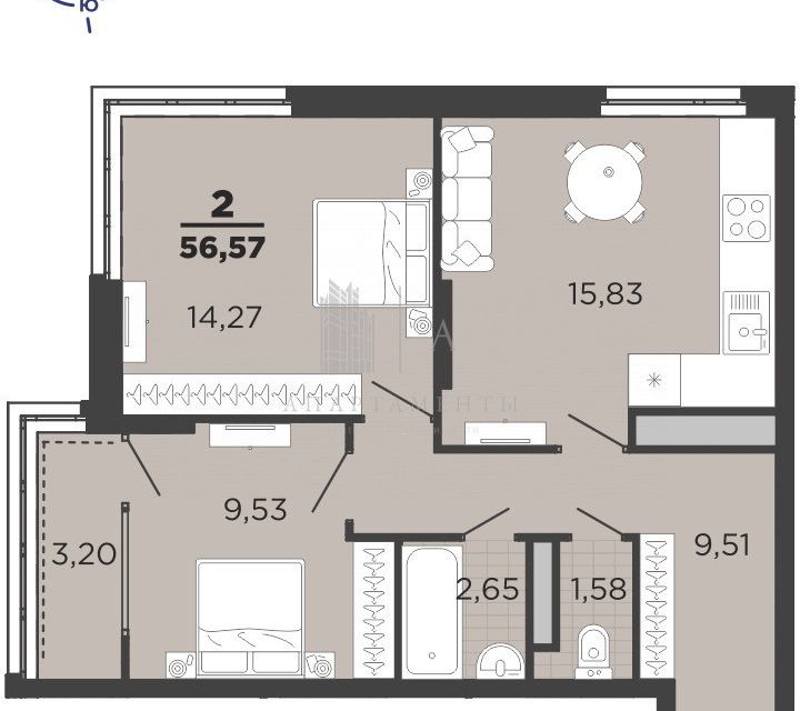 Продаётся 2-комнатная квартира, 56.57 м²