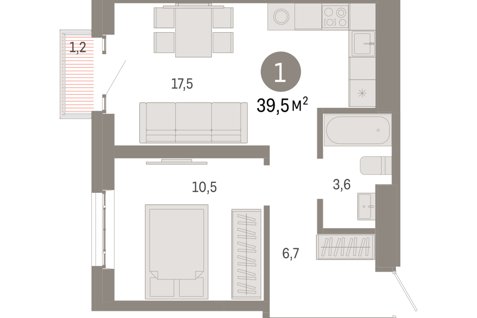 Продаётся 1-комнатная квартира, 39.5 м²