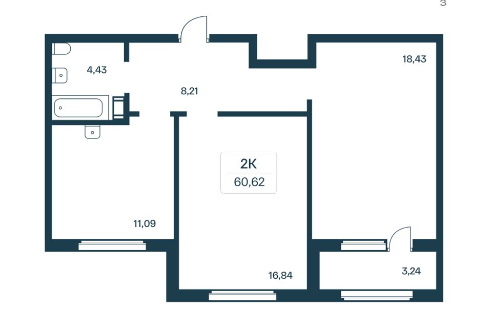 Продаётся 2-комнатная квартира, 59.8 м²