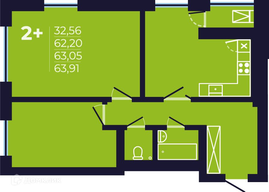 Продаётся 2-комнатная квартира, 63 м²