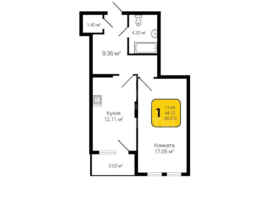 Продаётся 1-комнатная квартира, 45.6 м²