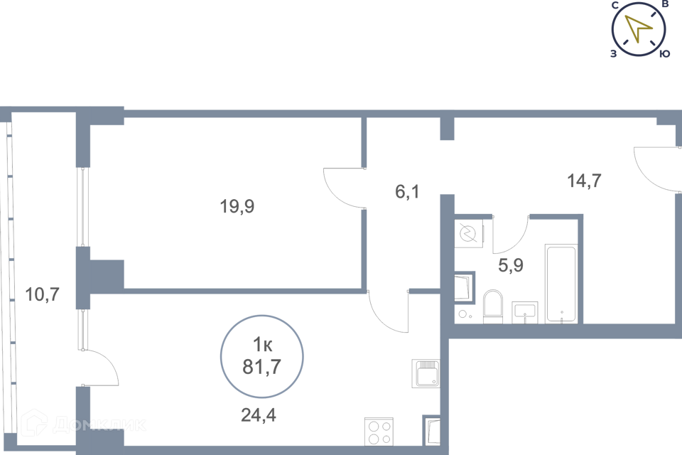 Продаётся 1-комнатная квартира, 81.7 м²