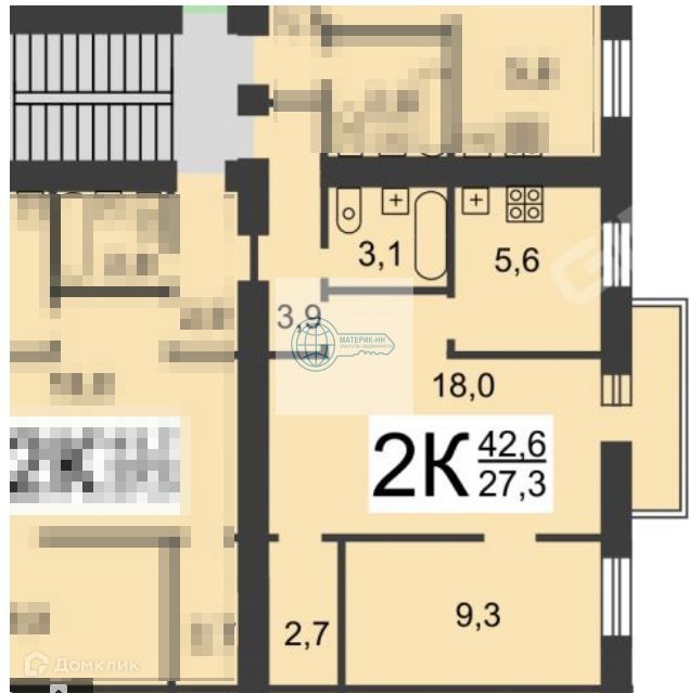 Продаётся 2-комнатная квартира, 42.2 м²