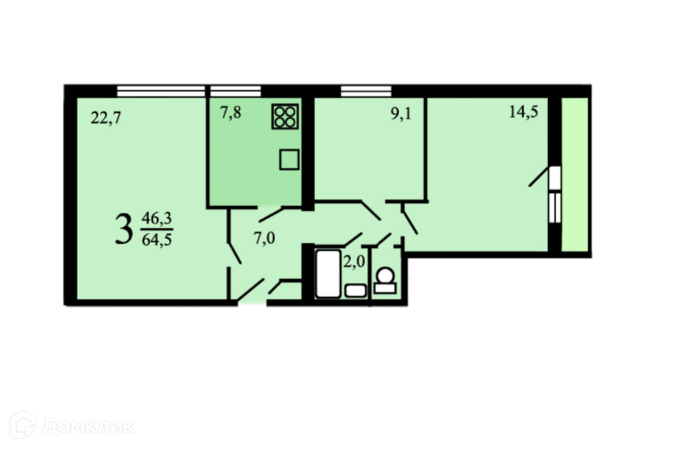 Продаётся 3-комнатная квартира, 65 м²