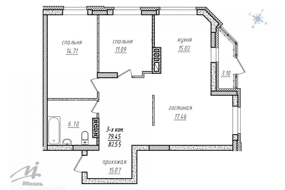 Продаётся 3-комнатная квартира, 82 м²