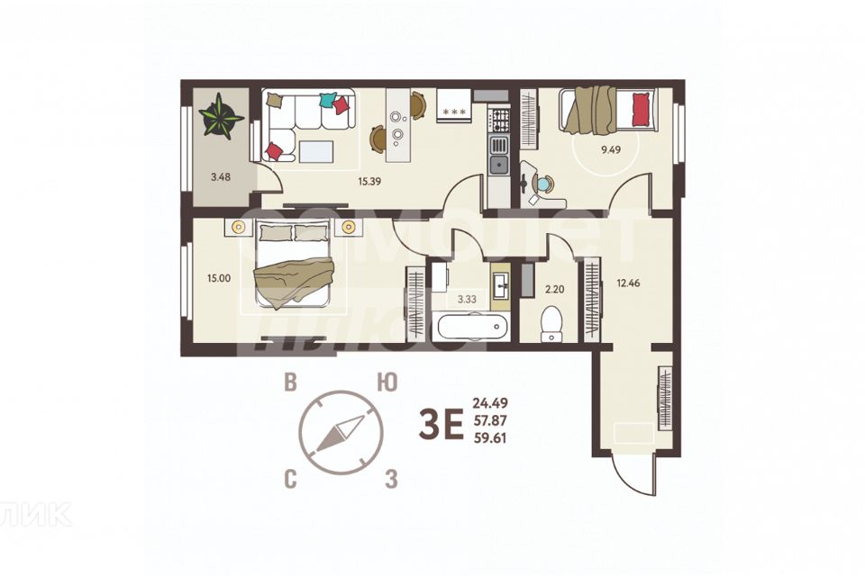 Продаётся 2-комнатная квартира, 59.61 м²