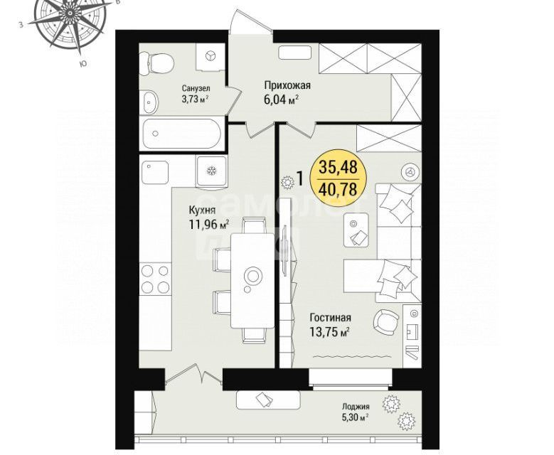 Продаётся 1-комнатная квартира, 40.78 м²