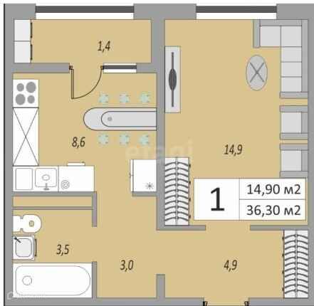 Продаётся 1-комнатная квартира, 38.3 м²