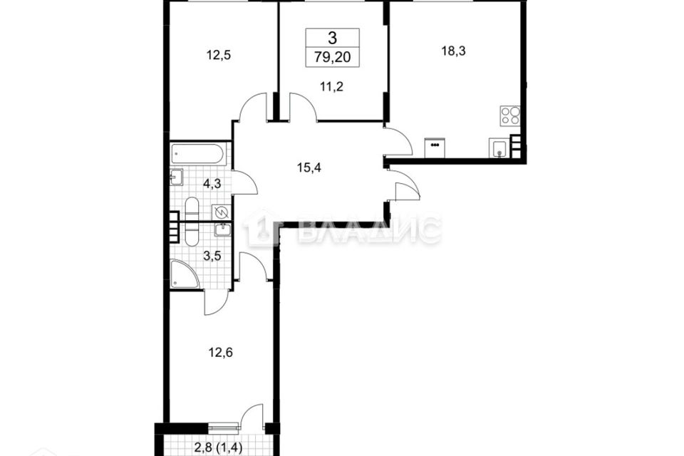 Продаётся 3-комнатная квартира, 79.2 м²