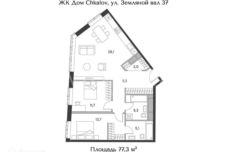Продаётся 3-комнатная квартира, 77.3 м²