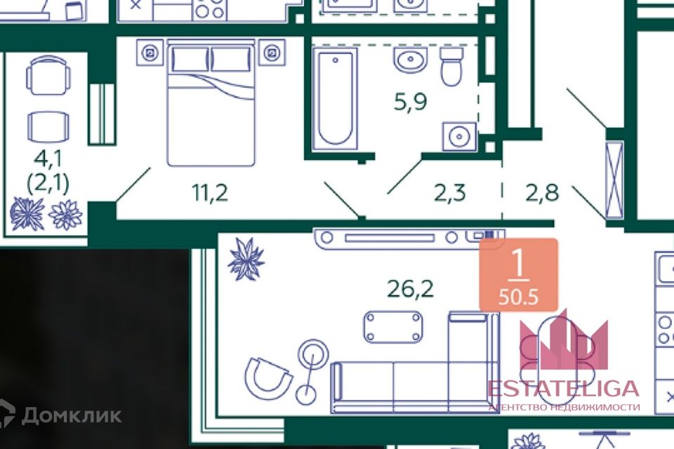 Продаётся 1-комнатная квартира, 51 м²