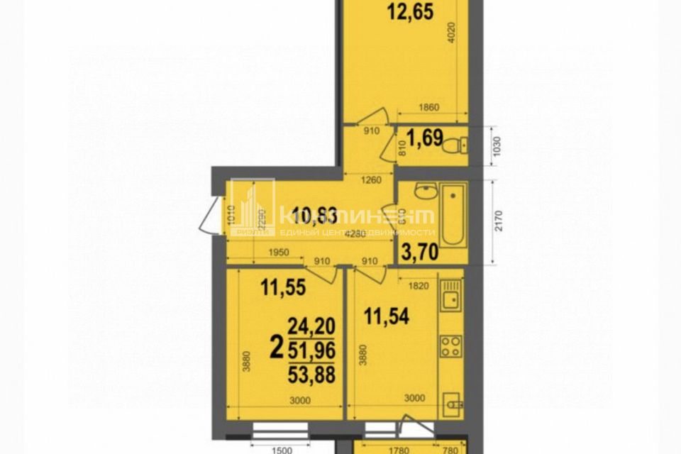 Продаётся 2-комнатная квартира, 53.88 м²