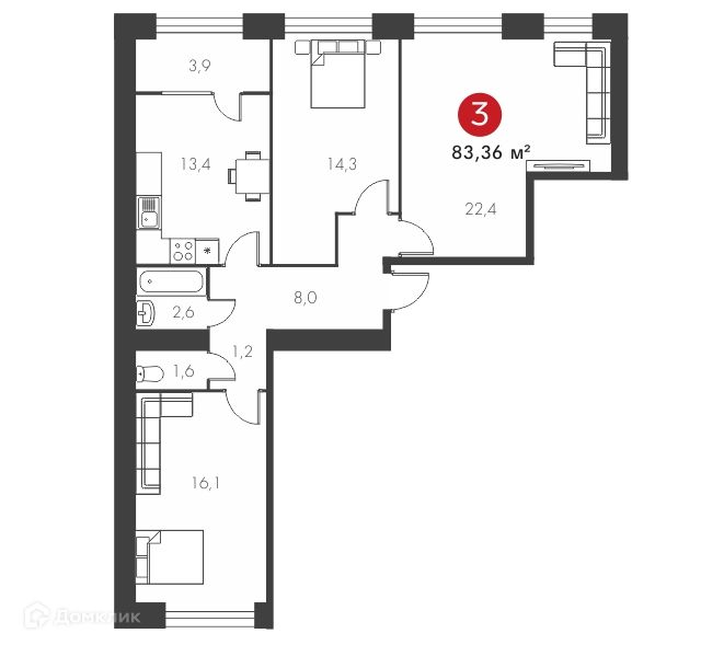 Продаётся 3-комнатная квартира, 82.8 м²