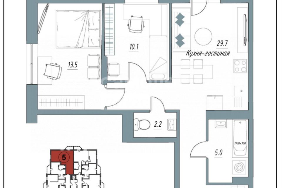 Продаётся 2-комнатная квартира, 61.7 м²