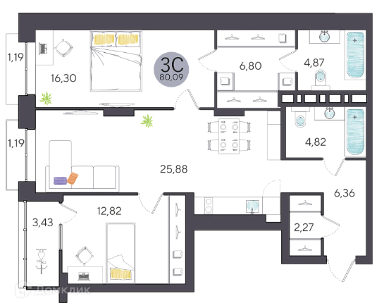Продаётся 3-комнатная квартира, 80.09 м²