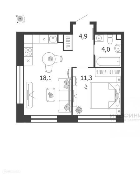 Продаётся 1-комнатная квартира, 38.3 м²