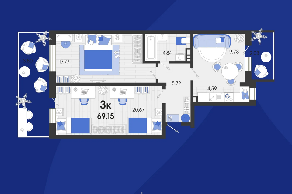 Продаётся 3-комнатная квартира, 63.6 м²