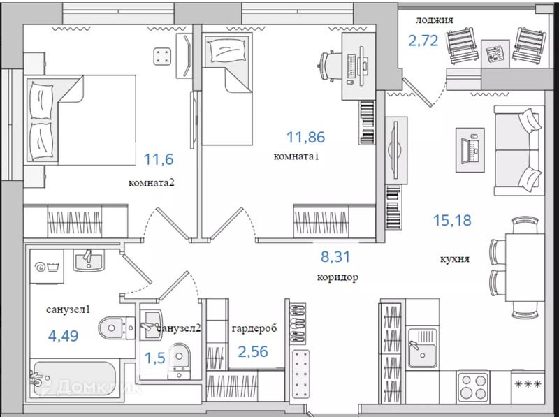 Продаётся 2-комнатная квартира, 55.7 м²