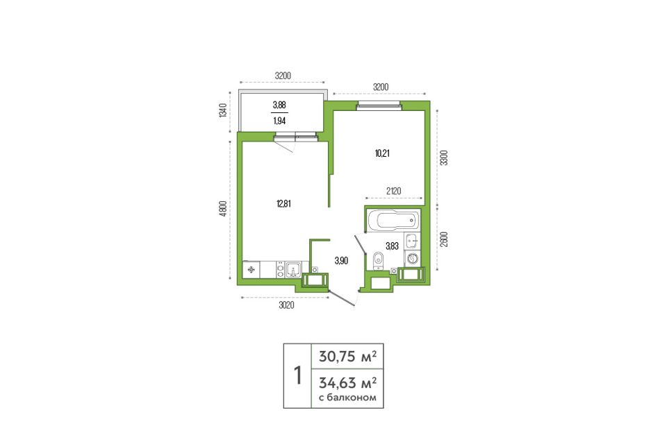 Продаётся 1-комнатная квартира, 32.1 м²