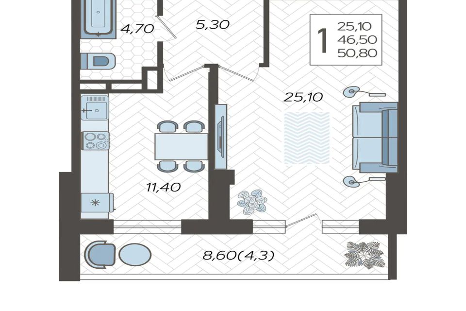 Продаётся 1-комнатная квартира, 51.3 м²