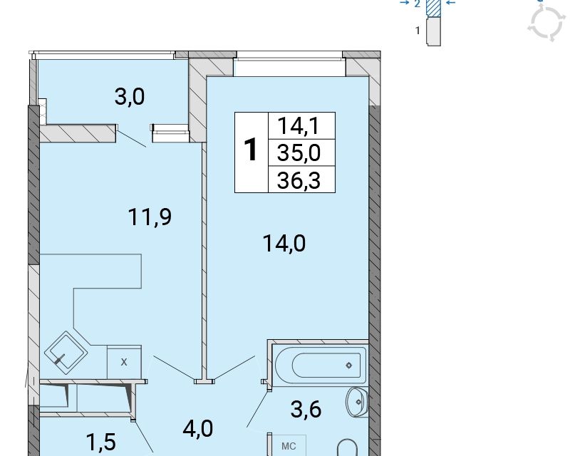 Продаётся 1-комнатная квартира, 36.3 м²