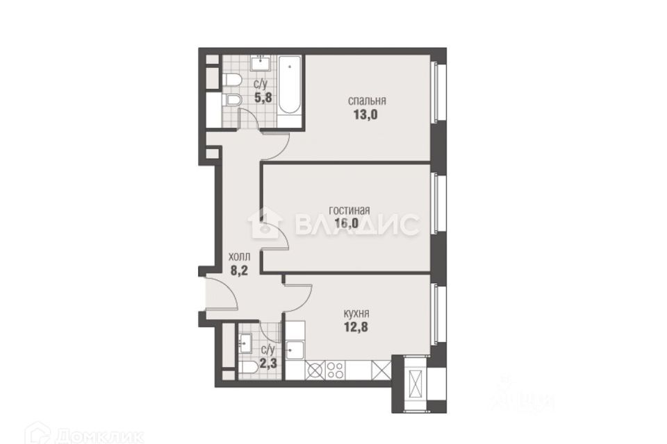 Продаётся 2-комнатная квартира, 58.1 м²