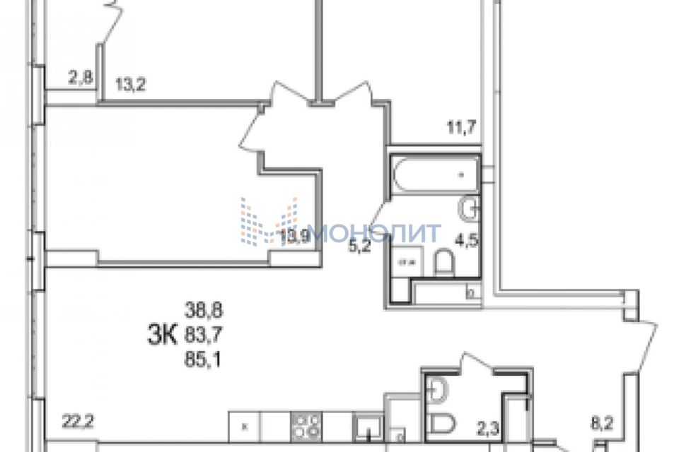 Продаётся 3-комнатная квартира, 85.1 м²