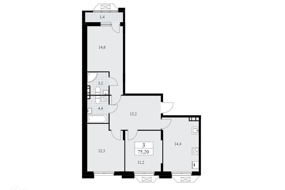 Продаётся 3-комнатная квартира, 75.2 м²