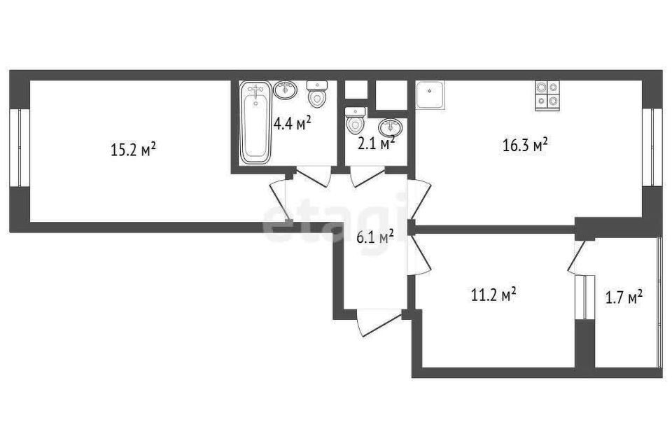 Продаётся 2-комнатная квартира, 55.2 м²