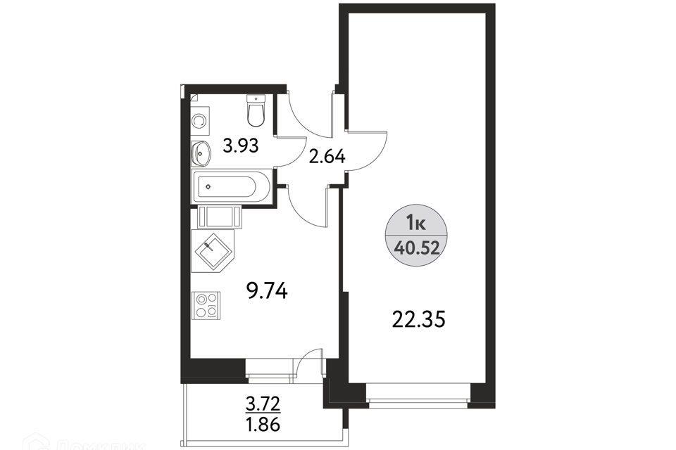 Продаётся 1-комнатная квартира, 40.52 м²