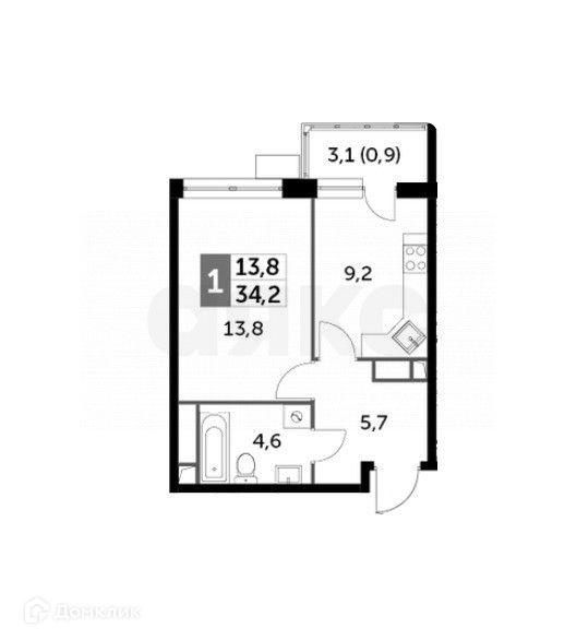 Продаётся 1-комнатная квартира, 34.2 м²