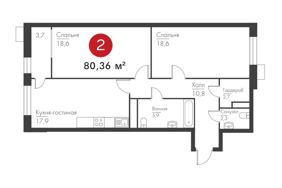 Продаётся 2-комнатная квартира, 80.2 м²