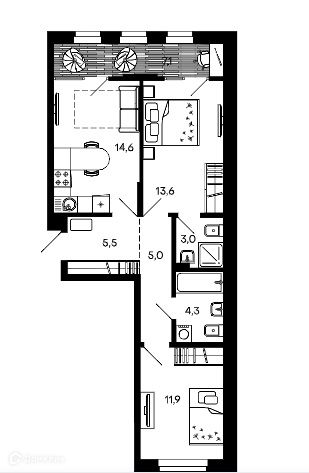 Продаётся 2-комнатная квартира, 64.6 м²