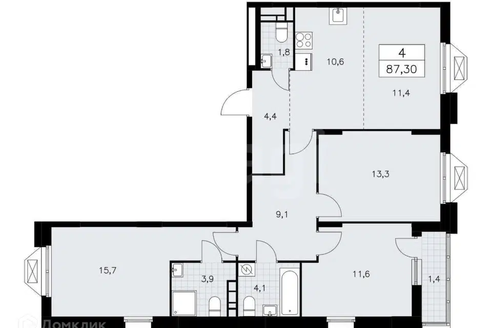 Продаётся 4-комнатная квартира, 87.3 м²