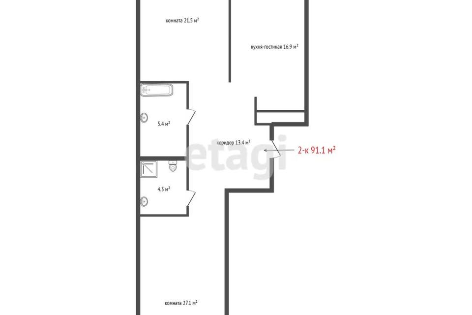 Продаётся 2-комнатная квартира, 91.1 м²