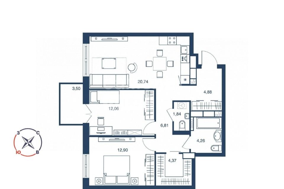 Продаётся 2-комнатная квартира, 71.36 м²