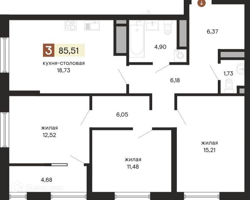 Продаётся 3-комнатная квартира, 85.5 м²