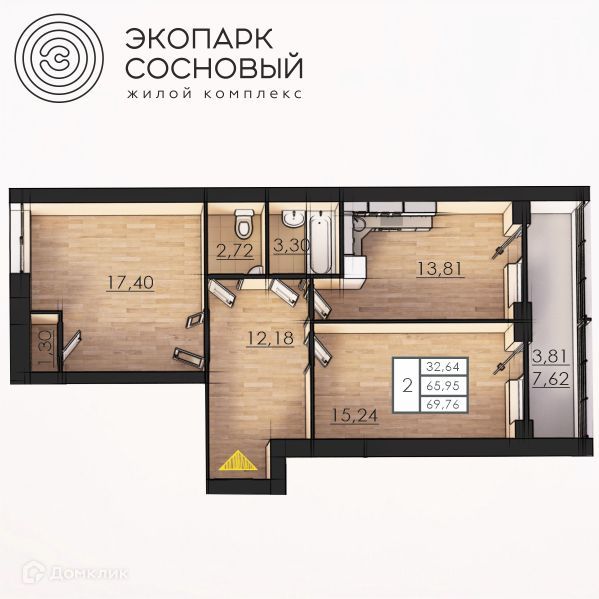 Продаётся 2-комнатная квартира, 65.9 м²